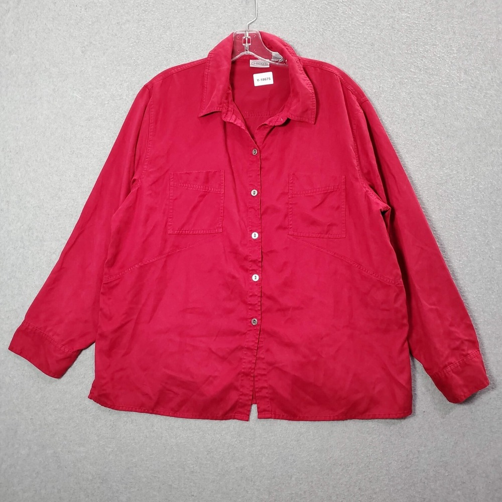 Chico's Women Top‎ 3 Red XL Button Up Pockets Collar Long Sleeve